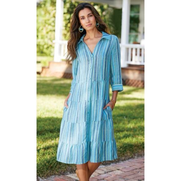 Soft Surroundings Blue Striped Midi Tiered Women's Dress A-Line XL 100% Linen - Picture 1 of 5